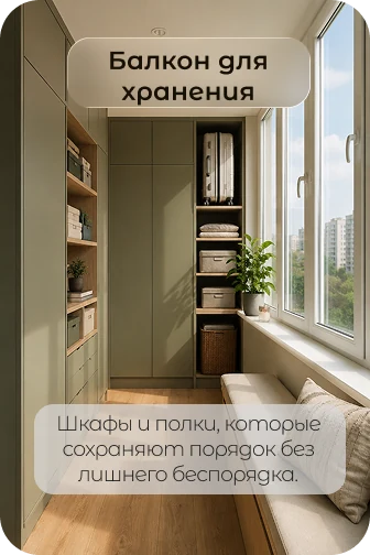 Балкон для хранения со шкафами и полками